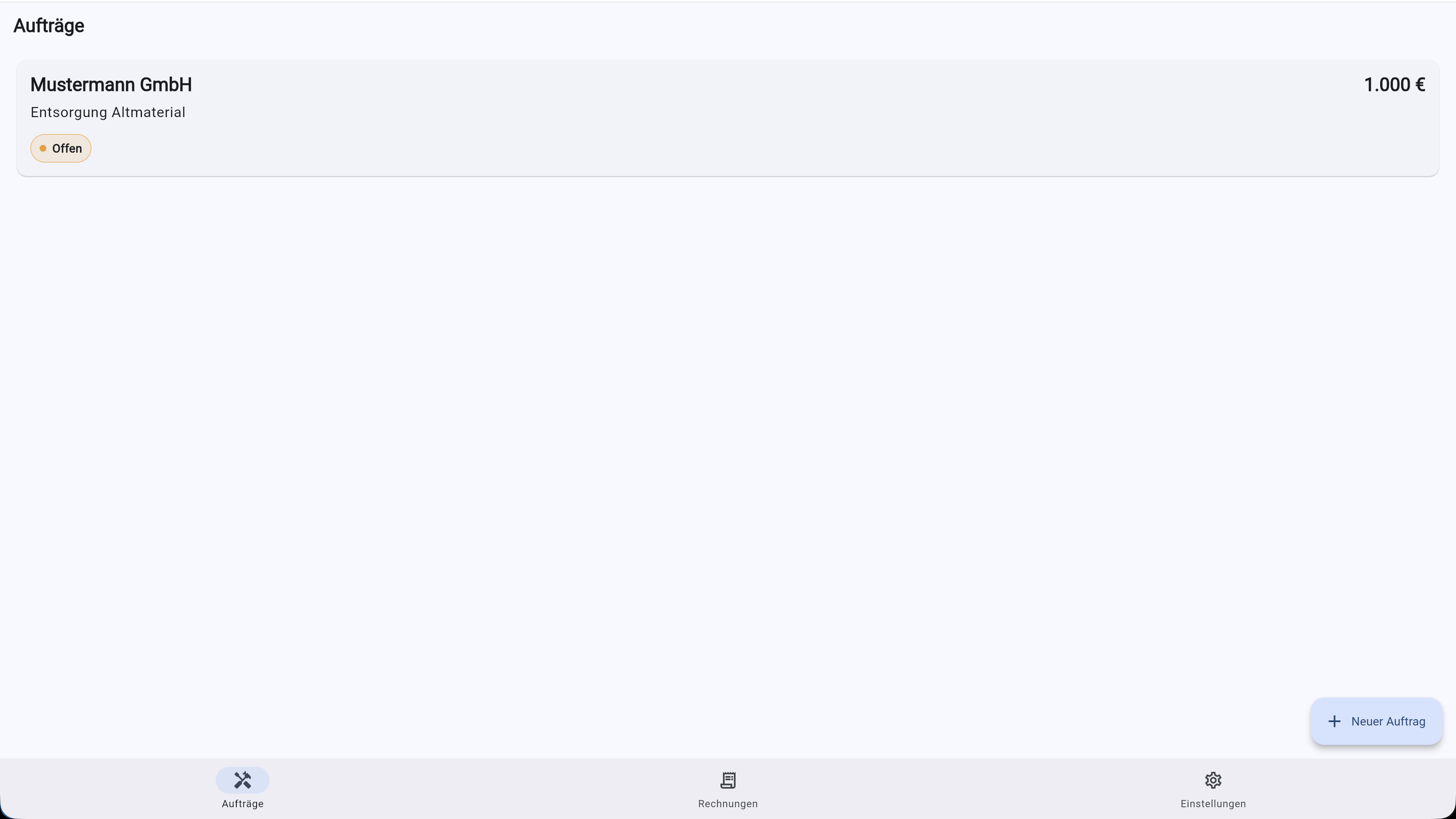 Rechno App mit der Auftragsliste
